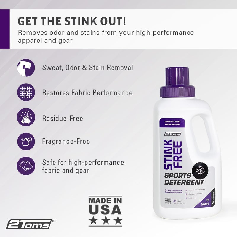 2Toms StinkFree Laundry Detergent, Fragrance Free Odor Eliminator for Athletic Clothes & Gear, Formulated for Sweat, 30 Ounce Bottle - Image 2